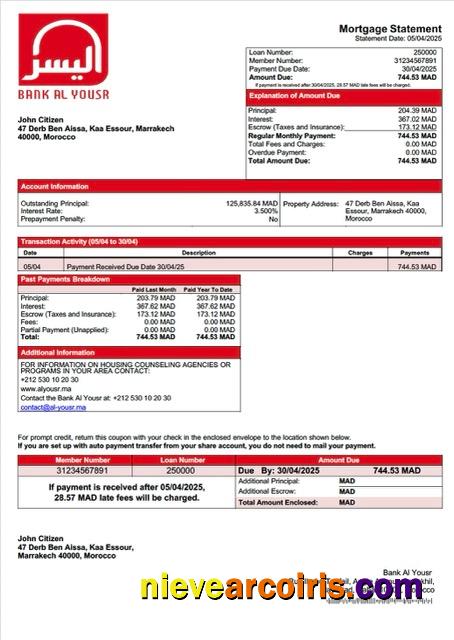 Editable Morocco Bank Al Yousr Mortgage Statement Word And PDF Template