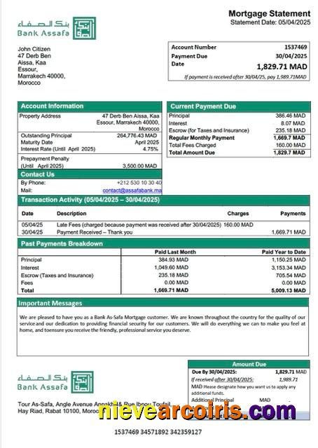 Realistic Morocco Bank As Safa Mortgage Statement Word And PDF Template