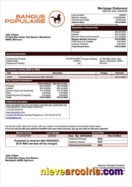 Professional Morocco Banque Centrale Populaire Mortgage Statement Word And PDF Template