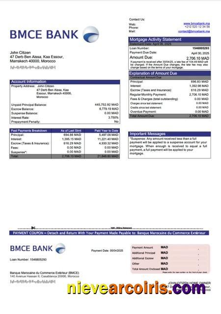 Realistic Morocco Banque Marocaine Du Commerce Extérieur (BMCE) Mortgage Statement Word And PDF Template