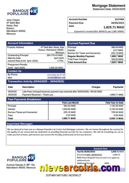 Realistic Morocco Banque Populaire Du Centre Sud Mortgage Statement Word And PDF Template