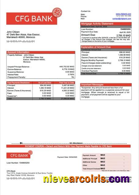 Editable Morocco CFG Bank Mortgage Statement Word And PDF Template