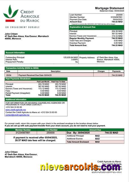 Professional Morocco Crédit Agricole Du Maroc Mortgage Statement Word And PDF Template