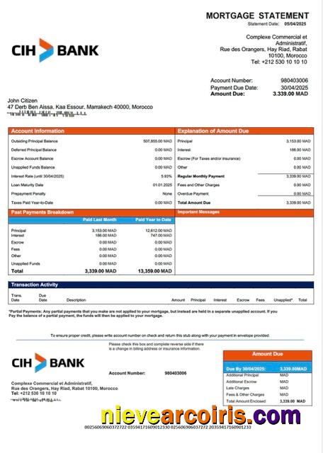Professional Morocco Crédit Immobilier Et Hôtelier Mortgage Statement Word And PDF Template