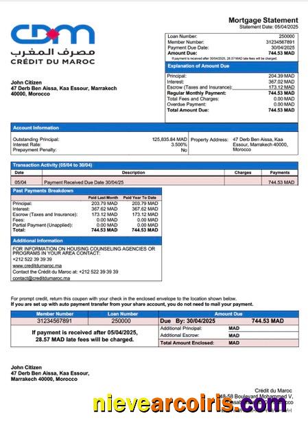 Editable Morocco Crédit Du Maroc Mortgage Statement Word And PDF Template