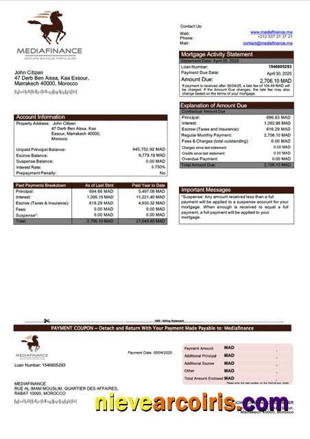 Editable Morocco Mediafinance Mortgage Statement Word And PDF Template