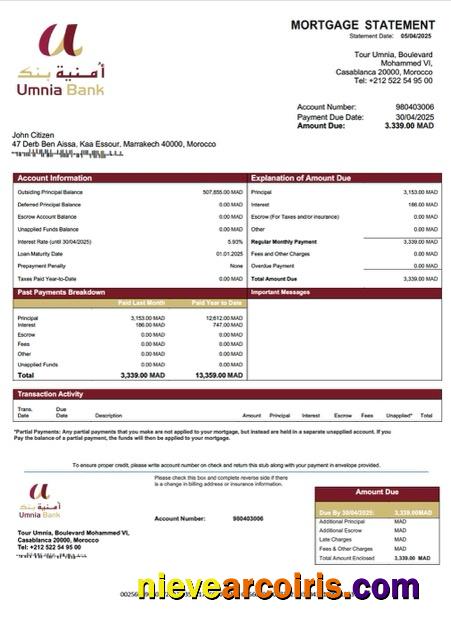 Premium Morocco Umnia Bank Mortgage Statement Word And PDF Template