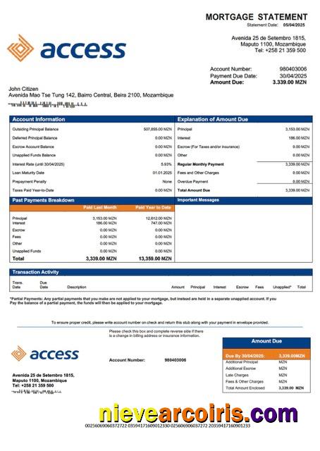 Editable Mozambique Access Bank Mozambique Mortgage Statement Word And PDF Template