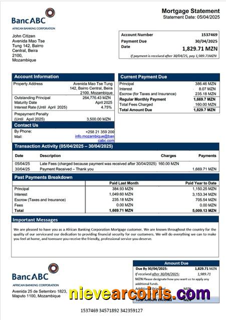 Editable Mozambique African Banking Corporation Mortgage Statement Word And PDF Template