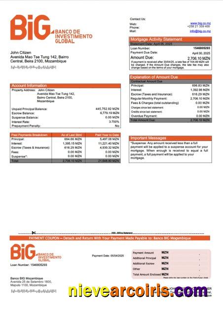 Professional Mozambique Banco BIG Moçambique Mortgage Statement Word And PDF Template