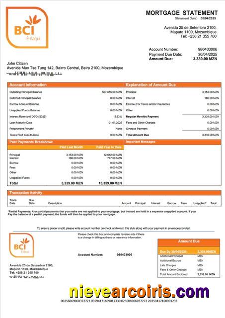 Premium Mozambique Banco Comercial E De Investimentos Mortgage Statement Word And PDF Template