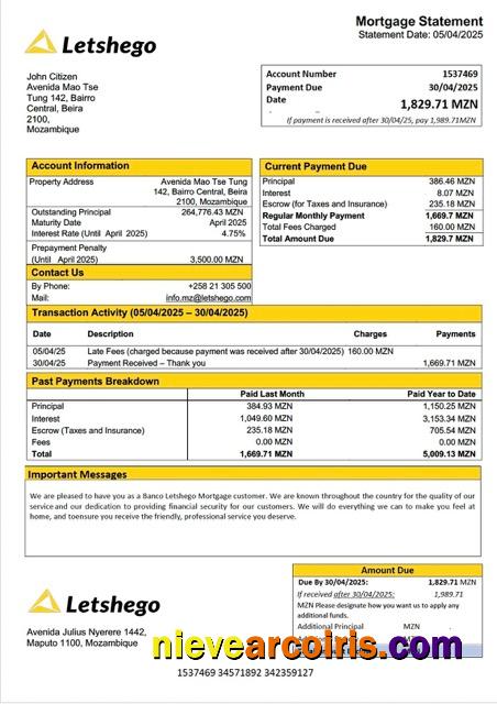 Realistic Mozambique Banco Letshego Mortgage Statement Word And PDF Template
