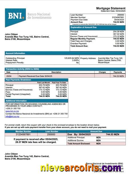 Premium Mozambique Banco Nacional De Investimento (BNI) Mortgage Statement Word And PDF Template