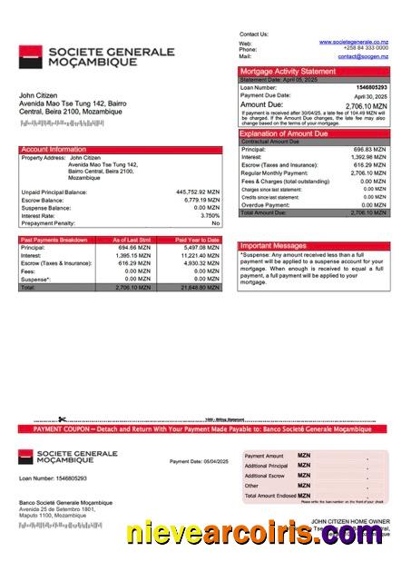 Professional Mozambique Banco Societé Generale Moçambique Mortgage Statement Word And PDF Template