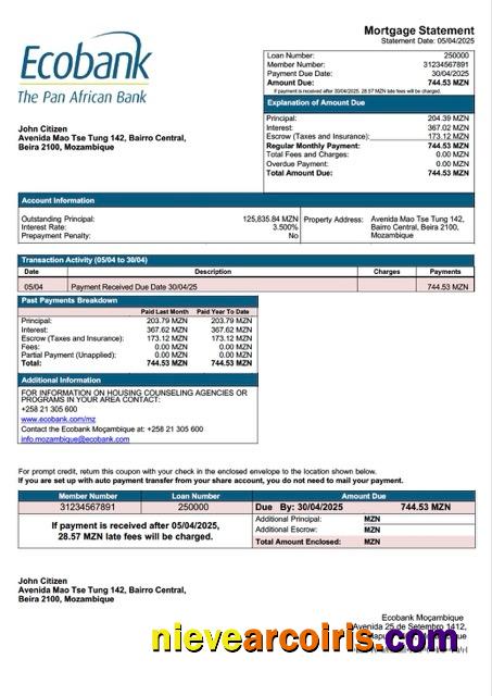 Realistic Mozambique Ecobank Moçambique Mortgage Statement Word And PDF Template