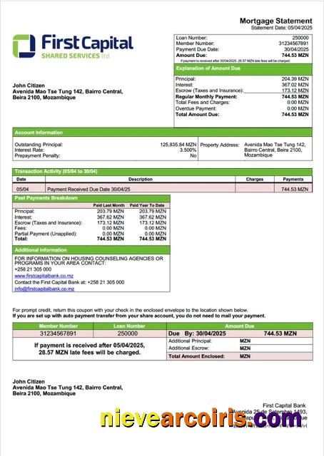 Premium Mozambique First Capital Bank Mortgage Statement Word And PDF Template