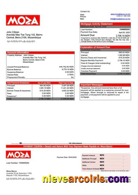 Realistic Mozambique Moza Banco Mortgage Statement Word And PDF Template