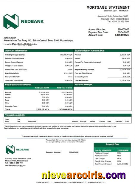 Professional Mozambique Nedbank Moçambique Mortgage Statement Word And PDF Template