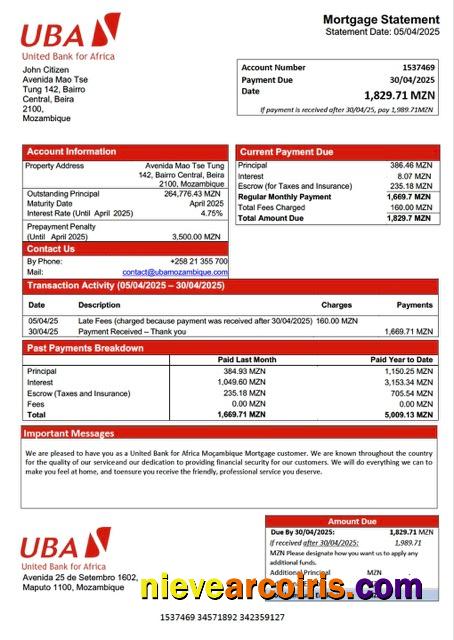 Editable Mozambique United Bank For Africa Moçambique Mortgage Statement Word And PDF Template