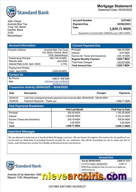 Editable Mozambique Standard Bank Mortgage Statement Word And PDF Template