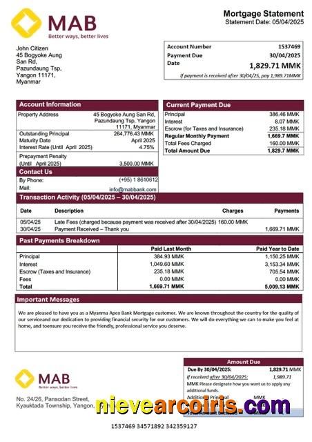 Realistic Myanma Apex Bank Mortgage Statement Word And PDF Template
