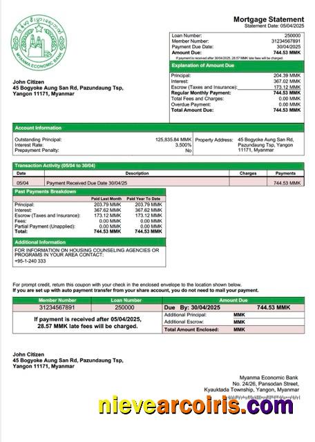 Realistic Myanma Economic Bank Mortgage Statement Word And PDF Template
