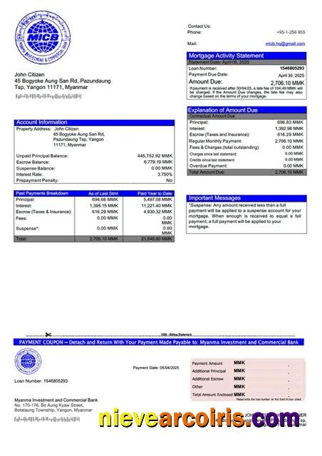 Editable Myanma Investment And Commercial Bank Mortgage Statement Word And PDF Template