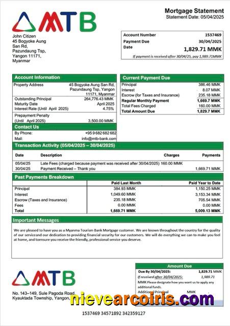 Realistic Myanma Tourism Bank Mortgage Statement Word And PDF Template