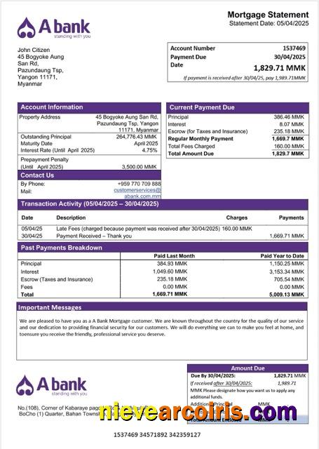 Realistic Myanmar A Bank Mortgage Statement Word And PDF Template