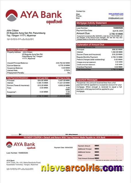 Realistic Myanmar AYA Bank Mortgage Statement Word And PDF Template