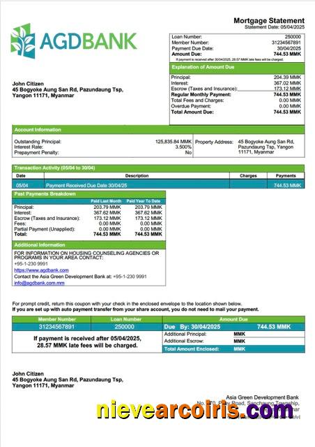 Editable Myanmar Asia Green Development (AGD) Bank Mortgage Statement Word And PDF Template