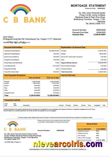 Premium Myanmar CB Bank Mortgage Statement Word And PDF Template