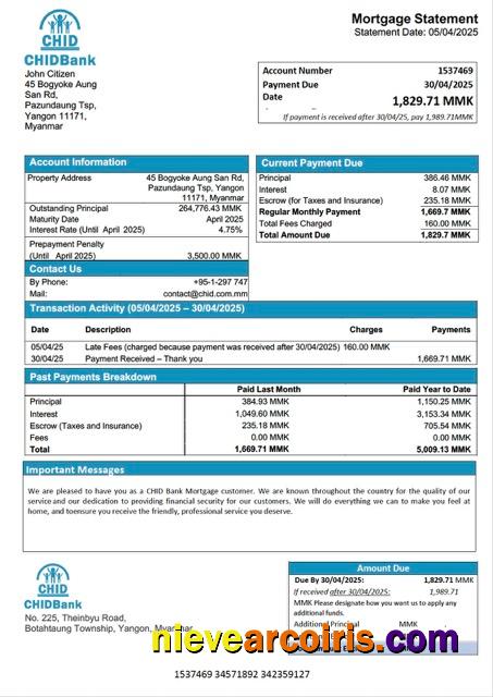 Professional Myanmar CHID Bank Mortgage Statement Word And PDF Template