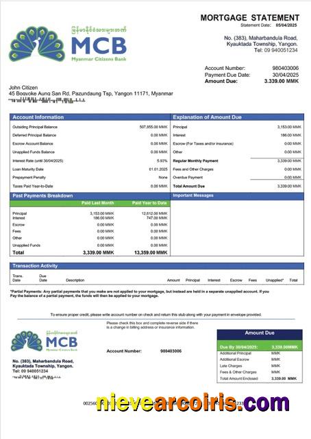 Professional Myanmar Citizens Bank Mortgage Statement Word And PDF Template