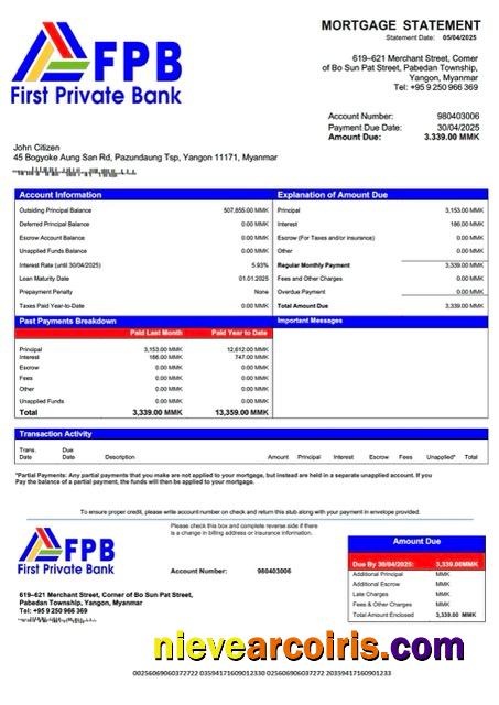 Editable Myanmar First Private Bank Mortgage Statement Word And PDF Template