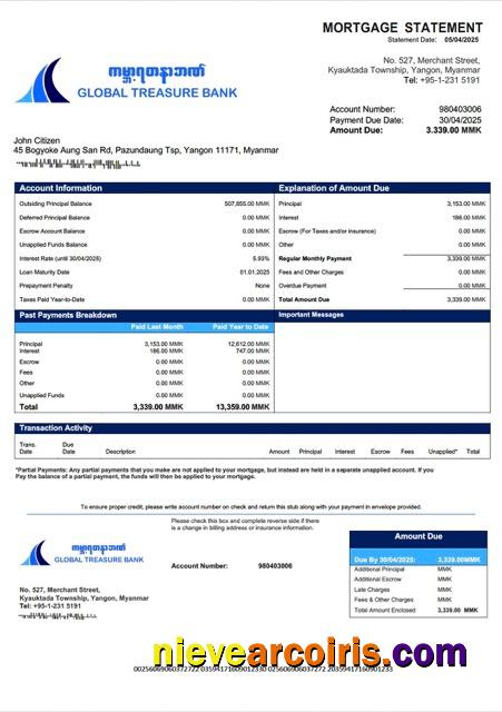 Premium Myanmar Global Treasure Bank Mortgage Statement Word And PDF Template
