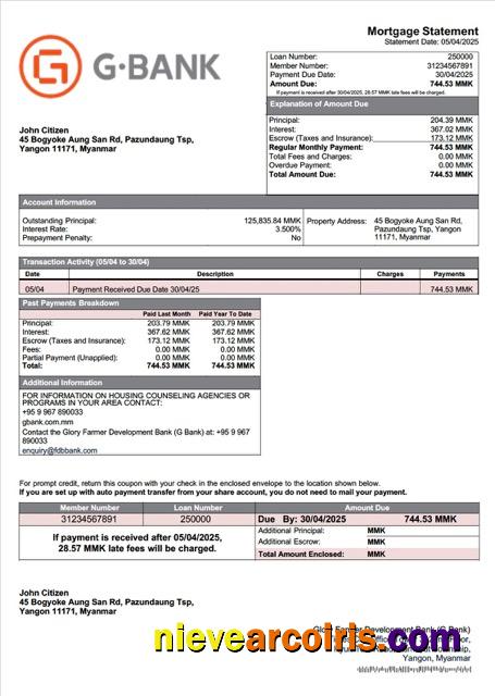 Editable Myanmar Glory Farmer Development Bank (G Bank) Mortgage Statement Word And PDF Template