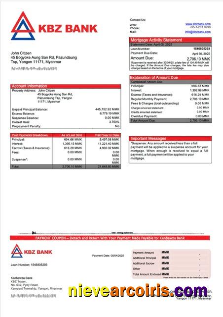 Editable Myanmar Kanbawza Bank Mortgage Statement Word And PDF Template