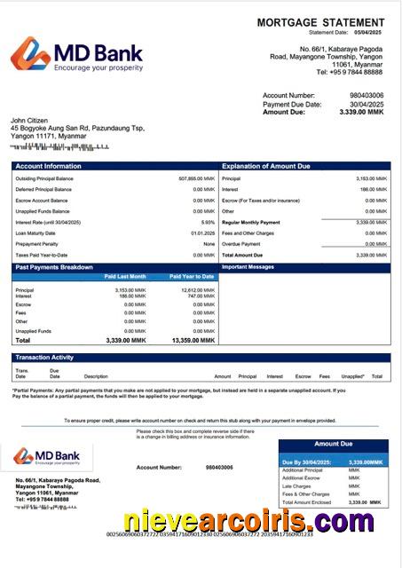 Realistic Myanmar MD Bank Mortgage Statement Word And PDF Template