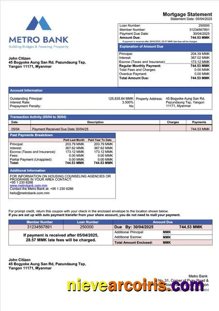 Premium Myanmar Metro Bank Mortgage Statement Word And PDF Template