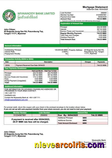 Realistic Myanmar Myawaddy Bank Mortgage Statement Word And PDF Template