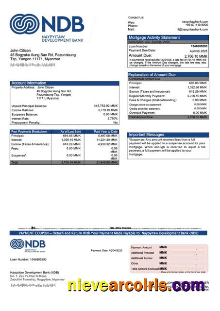 Professional Myanmar Naypyitaw Development Bank (NDB) Mortgage Statement Word And PDF Template