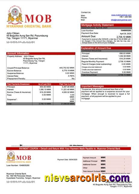 Professional Myanmar Oriental Bank Mortgage Statement Word And PDF Template