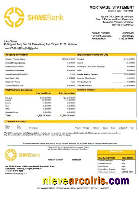 Realistic Myanmar Shwe Bank Mortgage Statement Word And PDF Template