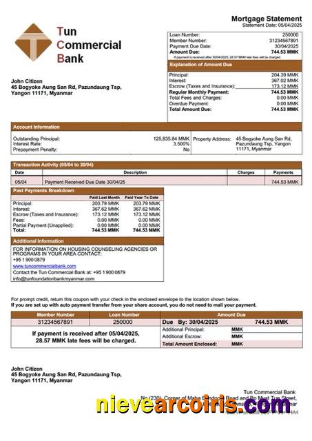 Premium Myanmar Tun Foundation Bank Mortgage Statement Word And PDF Template