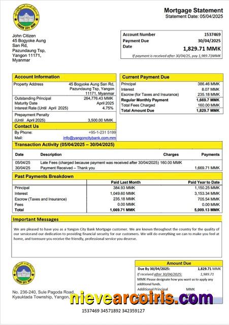 Premium Myanmar Yangon City Bank Mortgage Statement Word And PDF Template