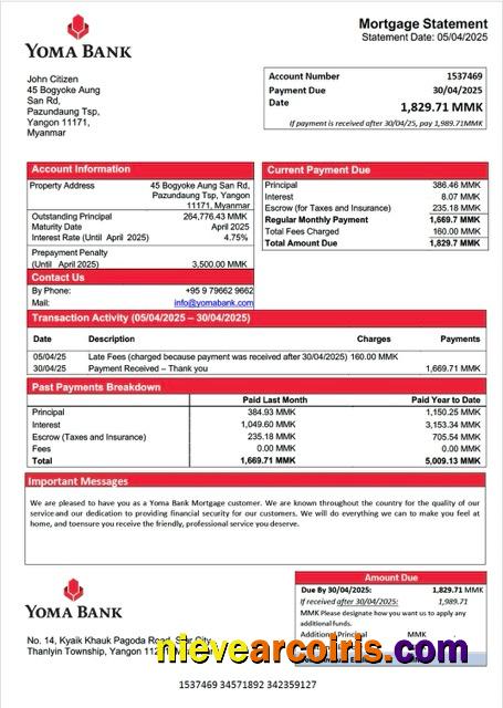 Premium Myanmar Yoma Bank Mortgage Statement Word And PDF Template