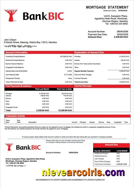 Editable Namibia Bank BIC Namibia Mortgage Statement Word And PDF Template
