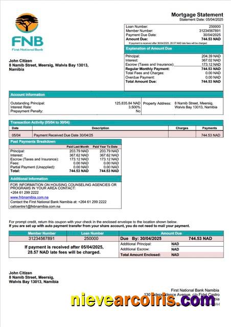 Professional Namibia First National Bank Namibia Limited Mortgage Statement Word And PDF Template