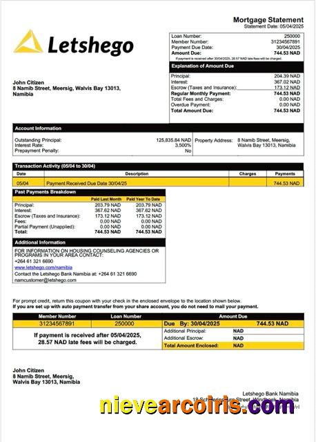 Realistic Namibia Letshego Bank Namibia Mortgage Statement Word And PDF Template